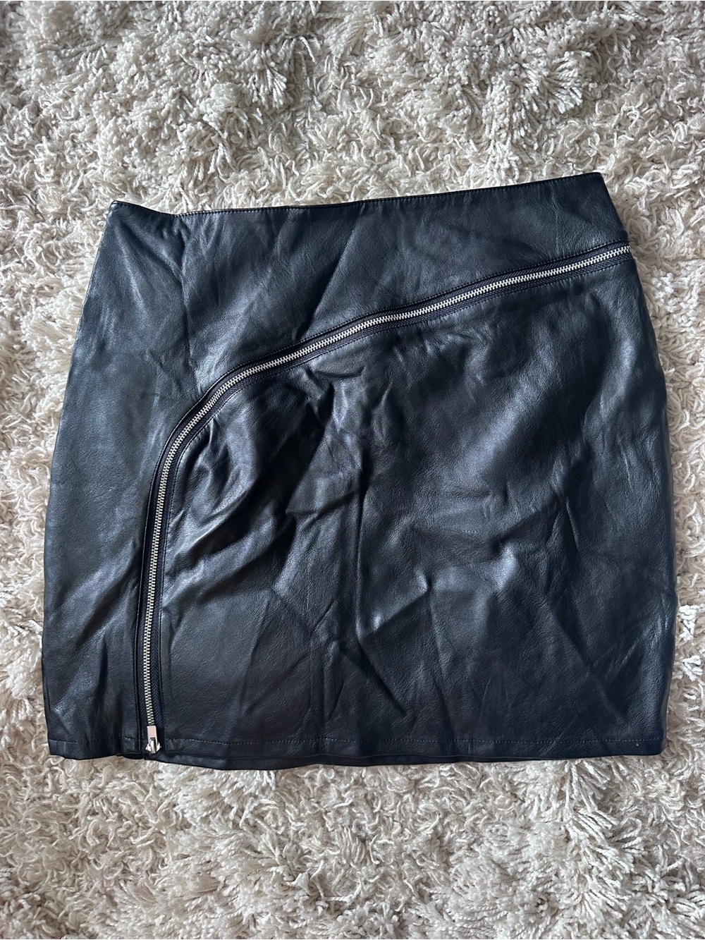 Express Black Faux Leather Mini Skirt with Curved Silver Zip Detail